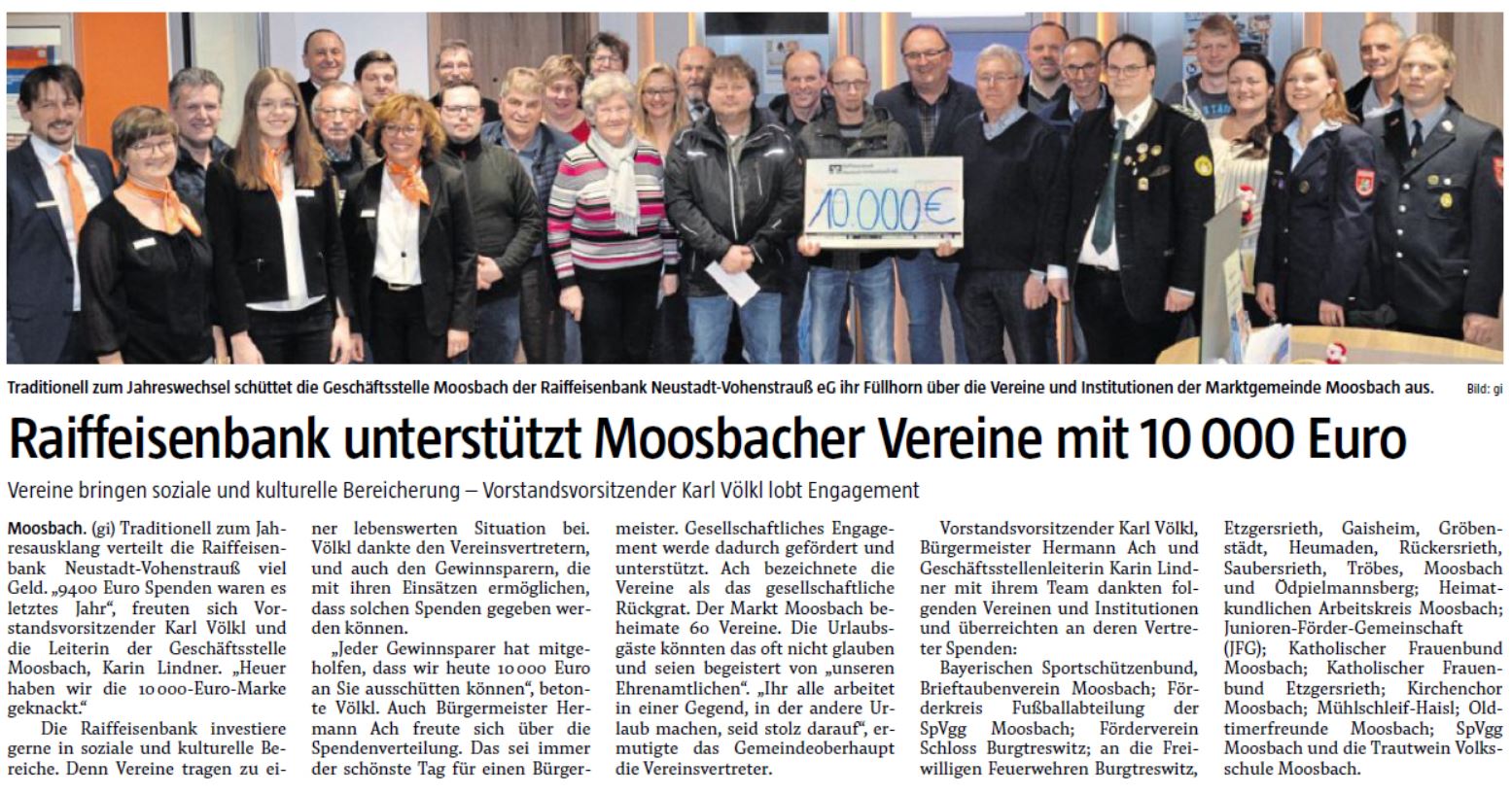 Raiffeisenbank unterstützt Moosbacher Vereine mit 10.000€